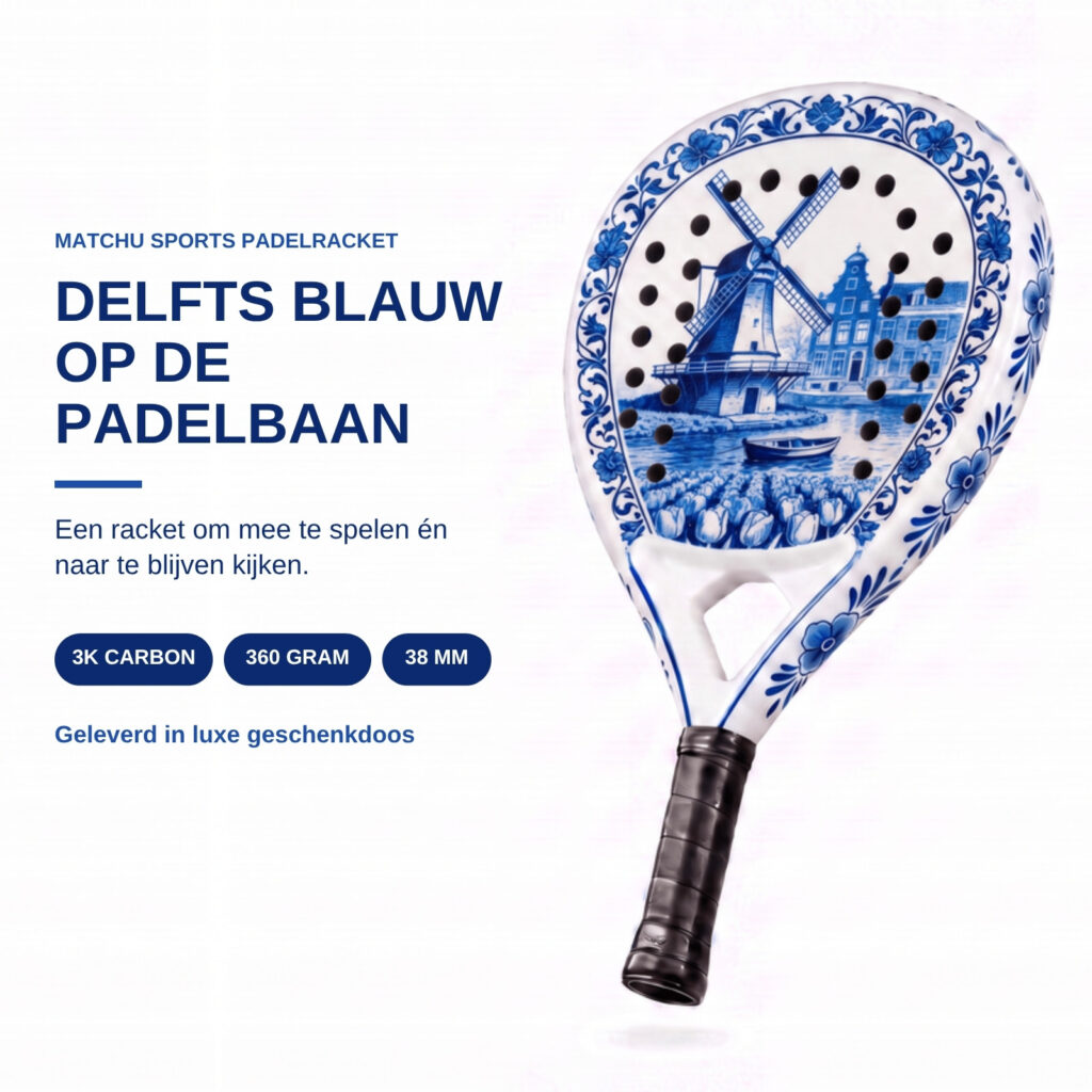 Productafbeelding met de titel Delfts Blauw op de padelbaan en de kenmerken 3K carbon, 360 gram en 38 mm