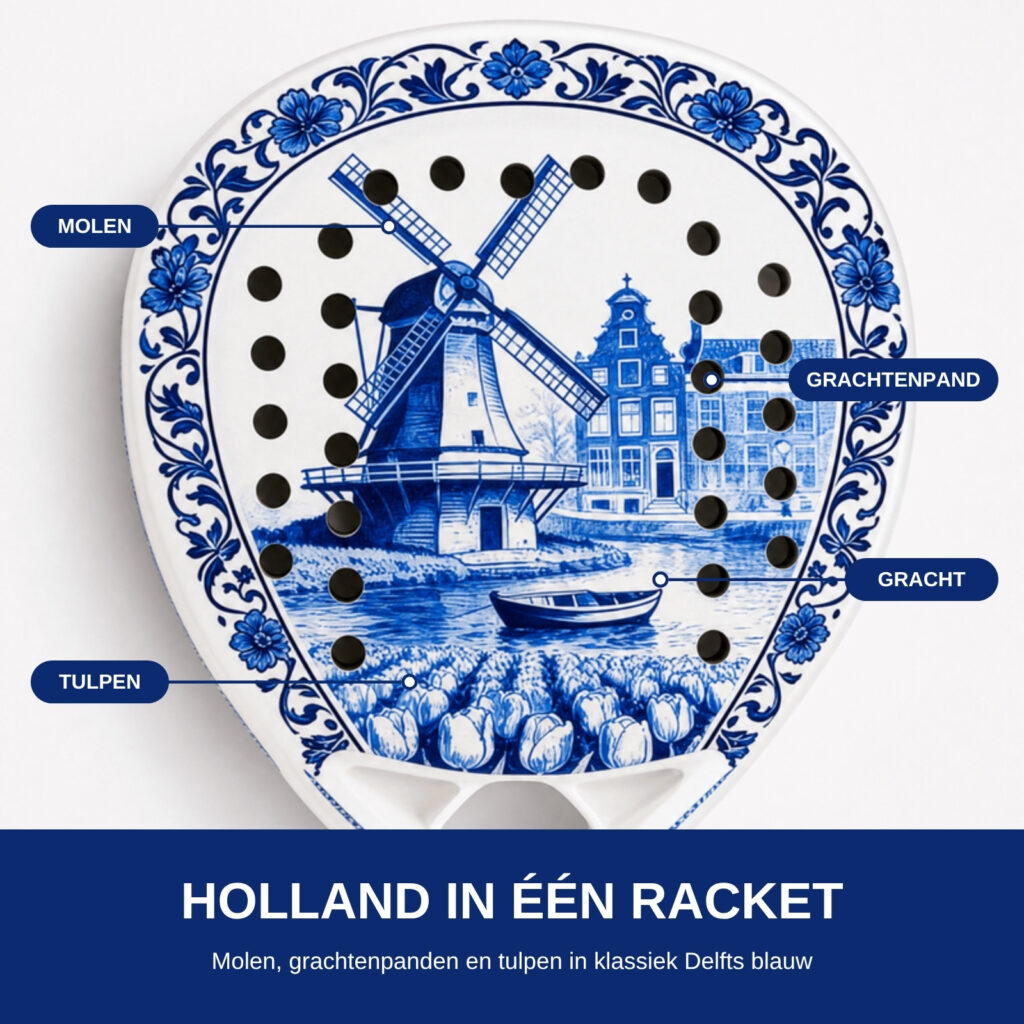 Productafbeelding met uitleg van het design: molen, grachtenpand, gracht en tulpen