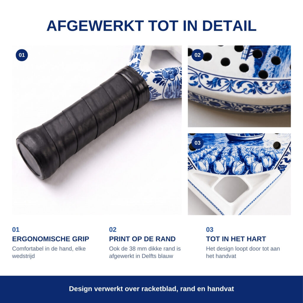Productafbeelding met details van de grip, de rand en het hart van het racket