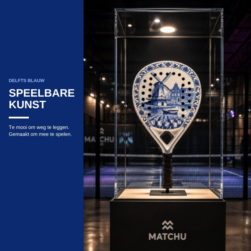Sfeerbeeld van het padelracket in een vitrine met de tekst Speelbare kunst