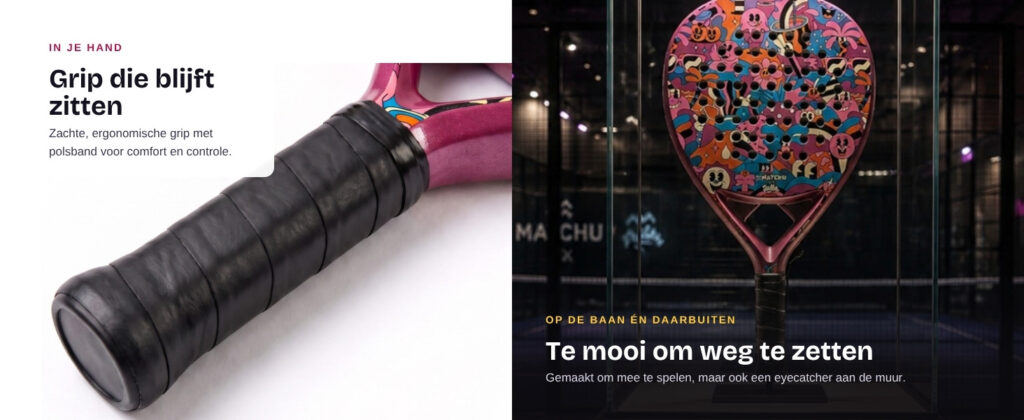 A+ content module over de grip en het racket op de padelbaan